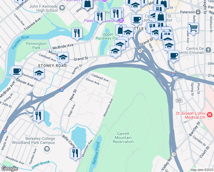 map of restaurants, bars, coffee shops, grocery stores, and more near 74 Garret Street in Paterson