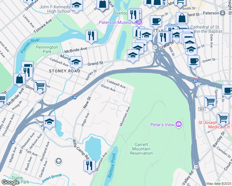 map of restaurants, bars, coffee shops, grocery stores, and more near 294 Dixon Avenue in Paterson