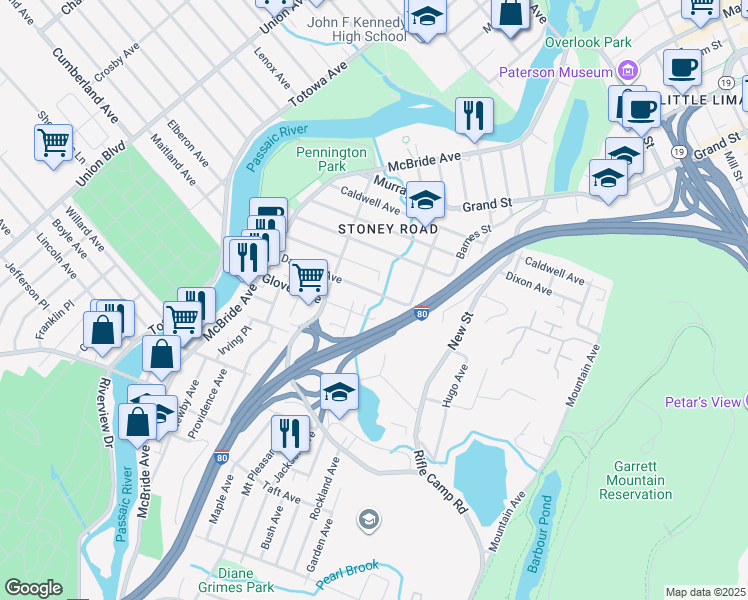 map of restaurants, bars, coffee shops, grocery stores, and more near 120 Danforth Avenue in Paterson