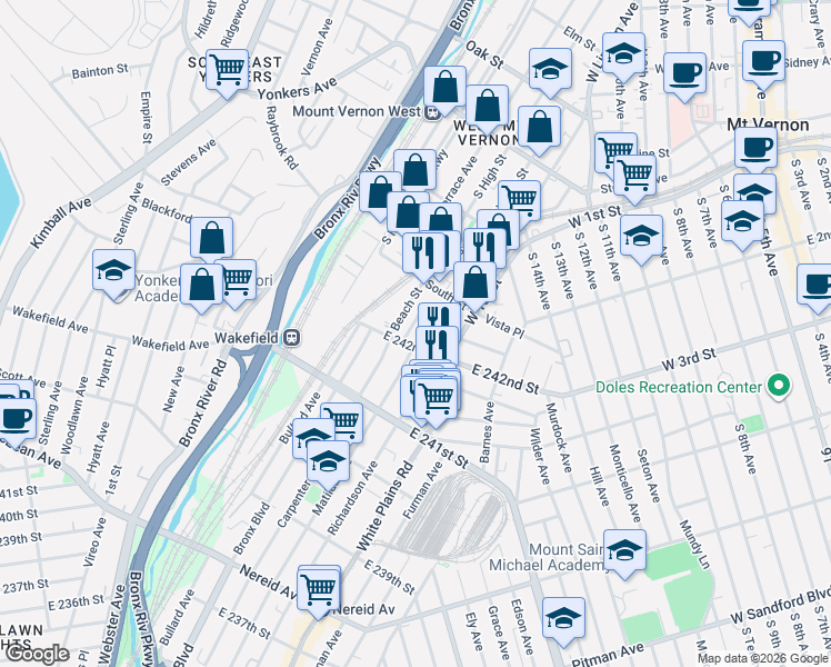 map of restaurants, bars, coffee shops, grocery stores, and more near 4809 Robertson Street in Bronx