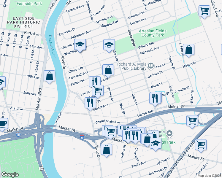 map of restaurants, bars, coffee shops, grocery stores, and more near 83 Orchard Street in Elmwood Park