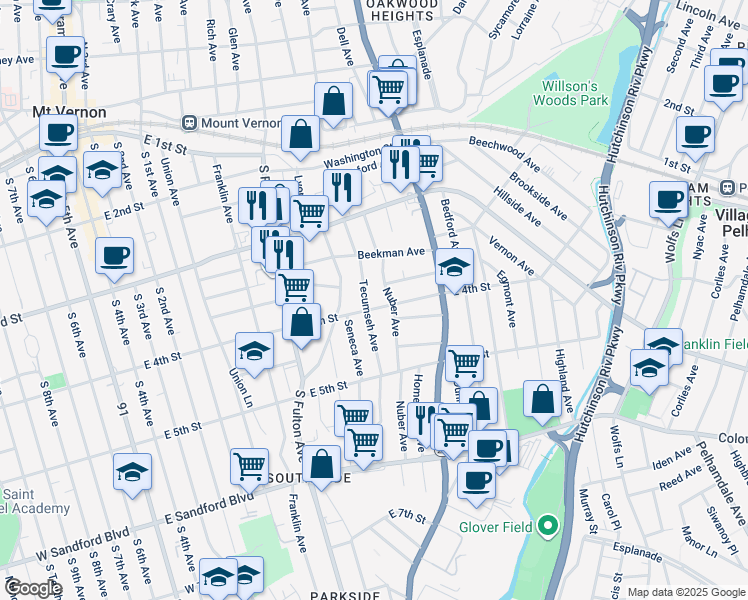 map of restaurants, bars, coffee shops, grocery stores, and more near 277 East 4th Street in Mount Vernon
