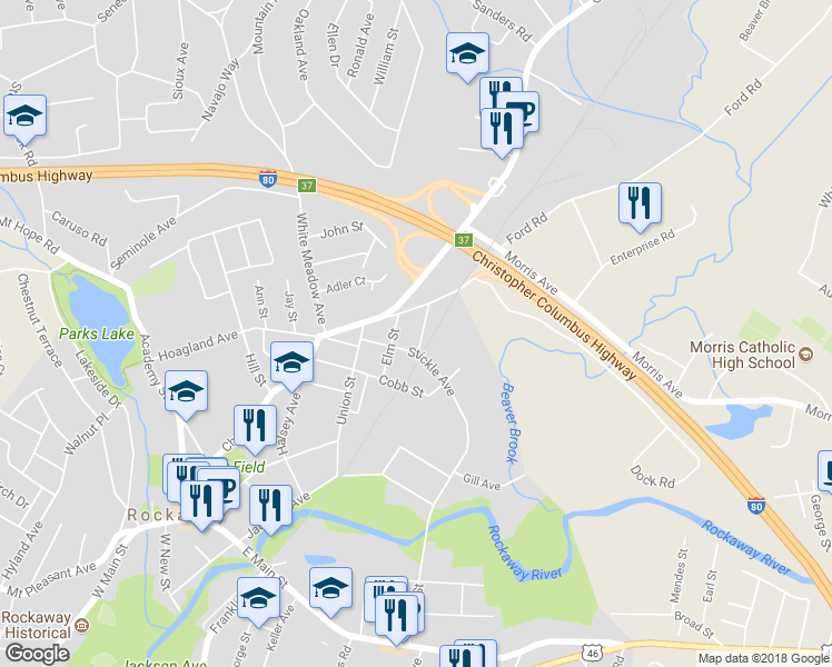 map of restaurants, bars, coffee shops, grocery stores, and more near 5 Oak St in Rockaway