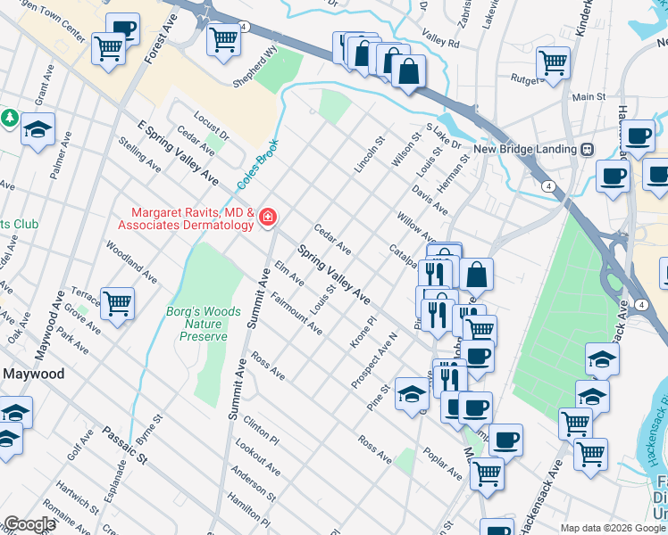map of restaurants, bars, coffee shops, grocery stores, and more near 140 Spring Valley Avenue in Hackensack