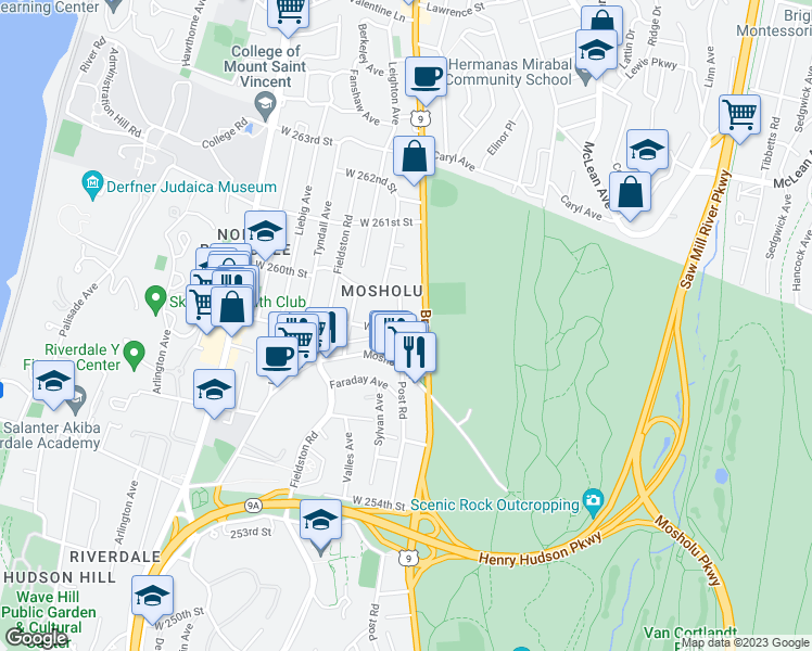 map of restaurants, bars, coffee shops, grocery stores, and more near 215 West 259th Street in Bronx