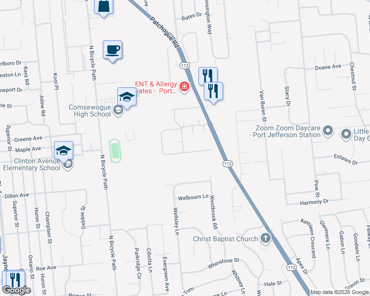 map of restaurants, bars, coffee shops, grocery stores, and more near 169 Cambridge Drive in Port Jefferson Station
