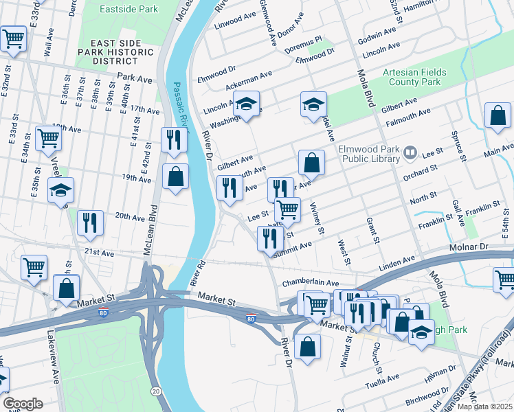 map of restaurants, bars, coffee shops, grocery stores, and more near 18 Miller Avenue in Elmwood Park