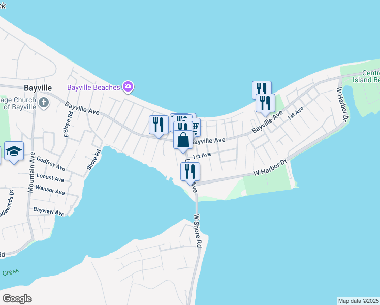 map of restaurants, bars, coffee shops, grocery stores, and more near 11 Ludlam Avenue in Bayville