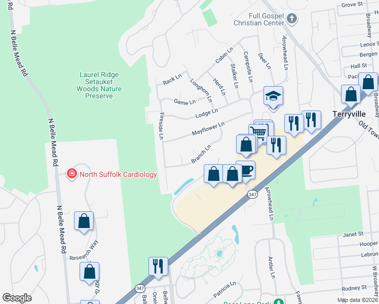 map of restaurants, bars, coffee shops, grocery stores, and more near 4 Bud Ct in East Setauket
