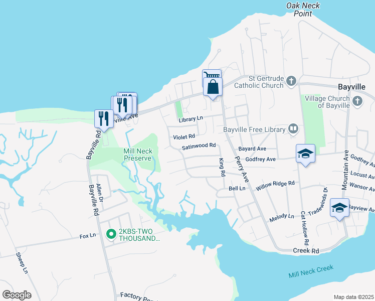 map of restaurants, bars, coffee shops, grocery stores, and more near 6 Satinwood Road in Bayville