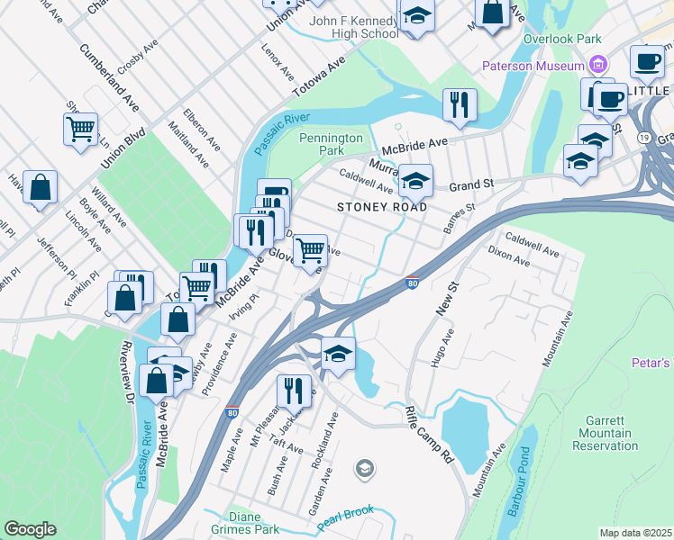 map of restaurants, bars, coffee shops, grocery stores, and more near 91 Glover Avenue in Paterson