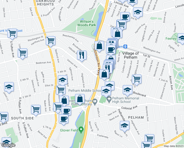 map of restaurants, bars, coffee shops, grocery stores, and more near 590 West 3rd Street in Mount Vernon