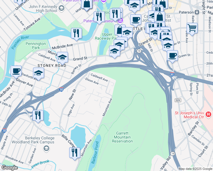 map of restaurants, bars, coffee shops, grocery stores, and more near 74 Garret Street in Paterson