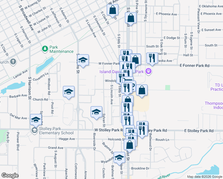 map of restaurants, bars, coffee shops, grocery stores, and more near 401 West Hedde Street in Grand Island