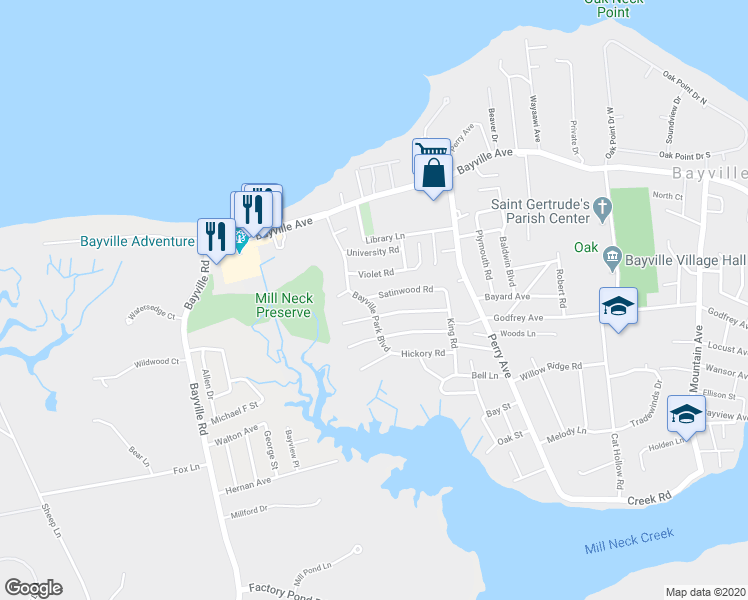 map of restaurants, bars, coffee shops, grocery stores, and more near 6 Satinwood Road in Bayville