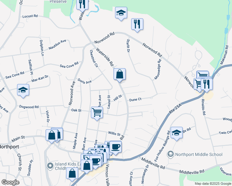 map of restaurants, bars, coffee shops, grocery stores, and more near 70 Chestnut Circle in Northport
