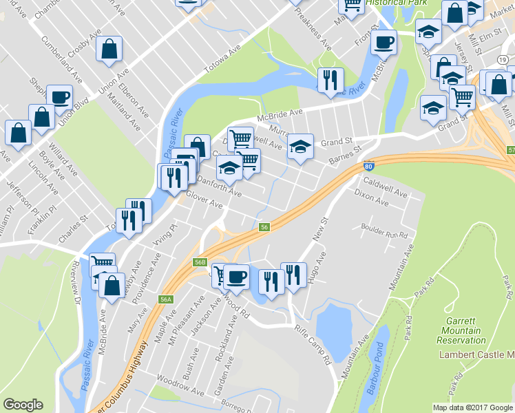 map of restaurants, bars, coffee shops, grocery stores, and more near 120 Danforth Avenue in Paterson