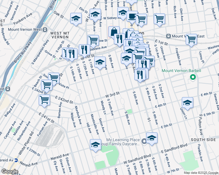 map of restaurants, bars, coffee shops, grocery stores, and more near 142 South 9th Avenue in Mount Vernon