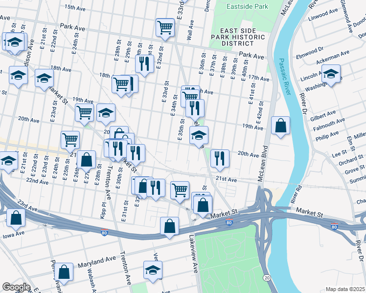 map of restaurants, bars, coffee shops, grocery stores, and more near 628 20th Avenue in Paterson
