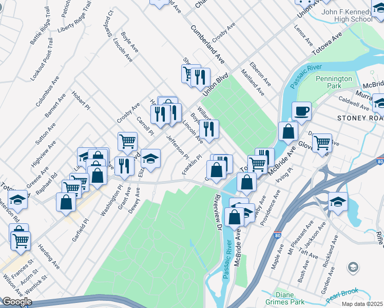 map of restaurants, bars, coffee shops, grocery stores, and more near 32 Scrivens Street in Totowa
