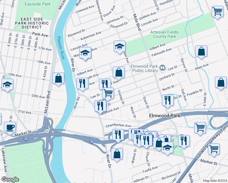 map of restaurants, bars, coffee shops, grocery stores, and more near 70 Lee Street in Elmwood Park