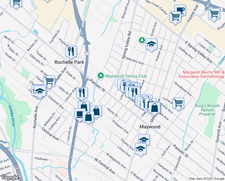 map of restaurants, bars, coffee shops, grocery stores, and more near 526 Spring Valley Road in Maywood