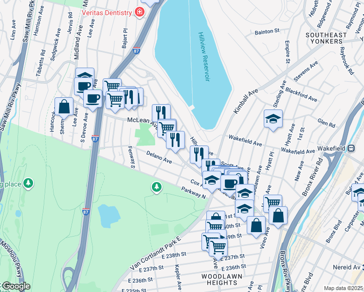 map of restaurants, bars, coffee shops, grocery stores, and more near 73 King Avenue in Yonkers