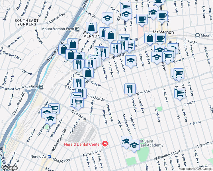 map of restaurants, bars, coffee shops, grocery stores, and more near 115 South 14th Avenue in Mount Vernon