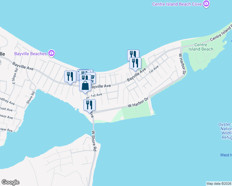 map of restaurants, bars, coffee shops, grocery stores, and more near 14TH 1st Avenue in Bayville