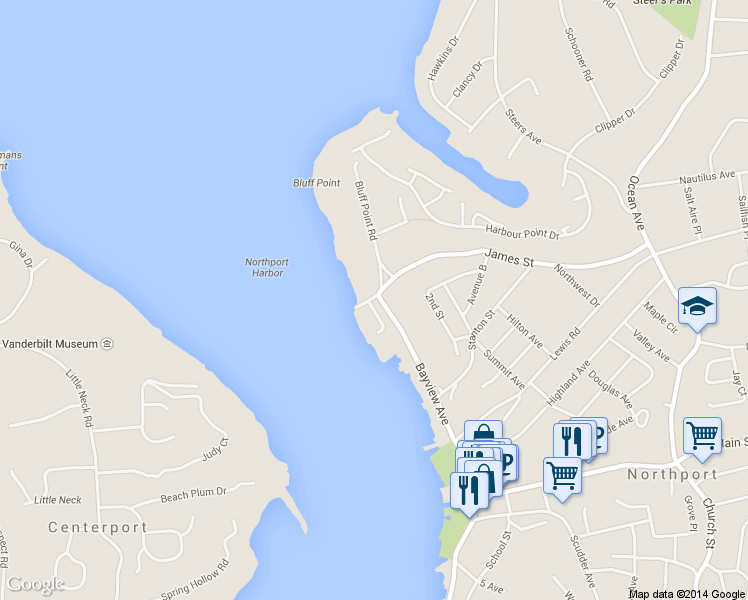 map of restaurants, bars, coffee shops, grocery stores, and more near 1 Fairwind Court in Northport
