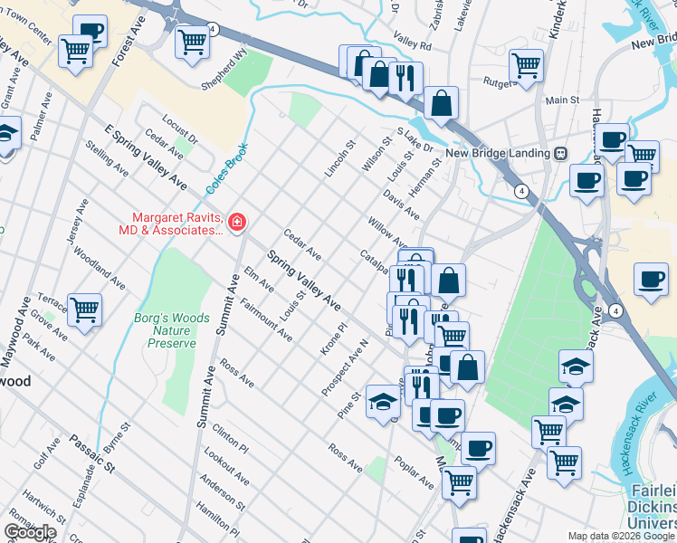 map of restaurants, bars, coffee shops, grocery stores, and more near 99 Cedar Avenue in Hackensack