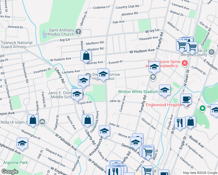 map of restaurants, bars, coffee shops, grocery stores, and more near 249 Knickerbocker Road in Englewood