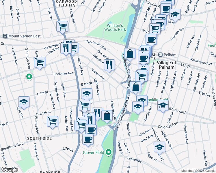 map of restaurants, bars, coffee shops, grocery stores, and more near 316 Highland Avenue in Mount Vernon
