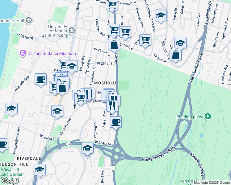 map of restaurants, bars, coffee shops, grocery stores, and more near 6535 Broadway in Bronx