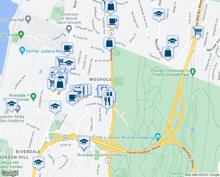 map of restaurants, bars, coffee shops, grocery stores, and more near 5900 Post Road in Bronx