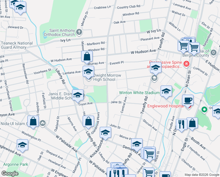 map of restaurants, bars, coffee shops, grocery stores, and more near 249 Knickerbocker Road in Englewood