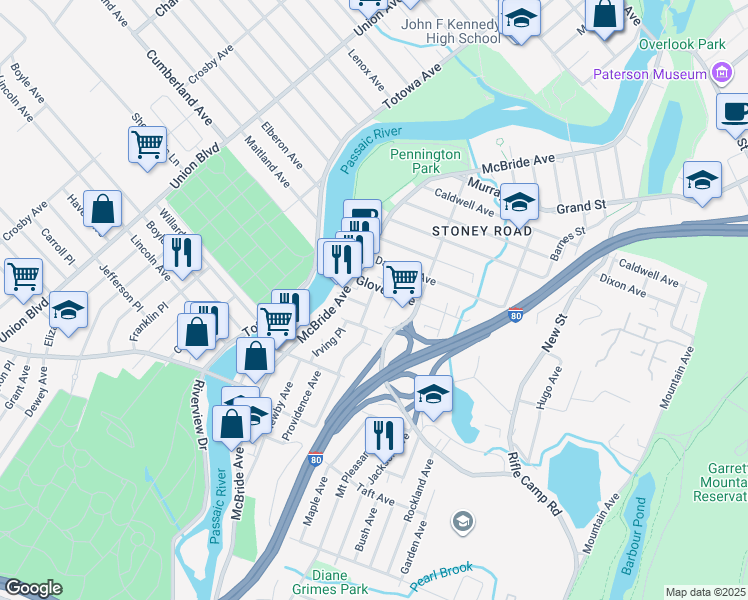 map of restaurants, bars, coffee shops, grocery stores, and more near 11 Terrace Avenue in Woodland Park