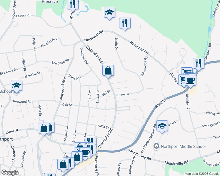 map of restaurants, bars, coffee shops, grocery stores, and more near 37 Hill Street in Northport