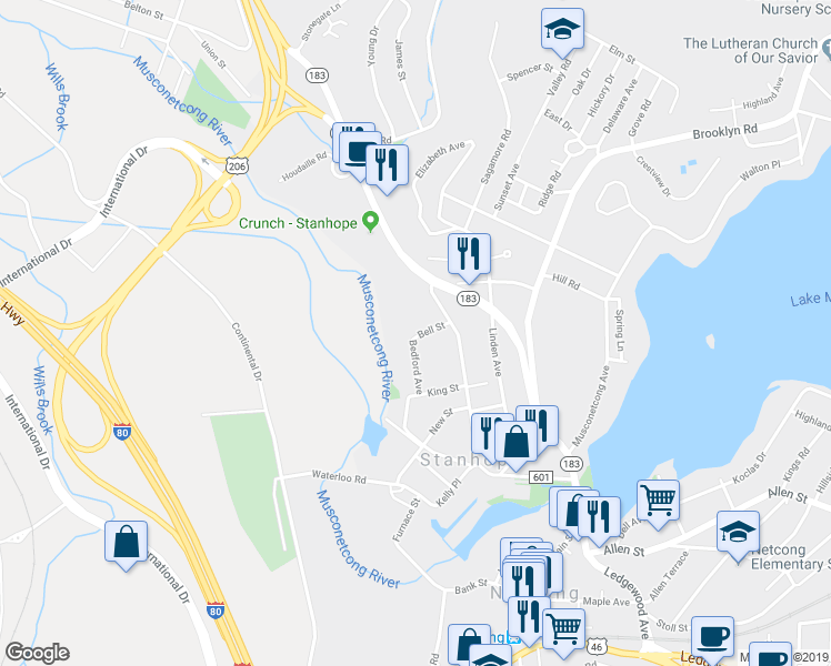 map of restaurants, bars, coffee shops, grocery stores, and more near 11 Bell Street in Stanhope