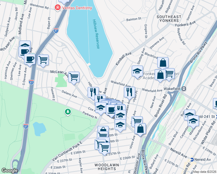 map of restaurants, bars, coffee shops, grocery stores, and more near 74 Alexander Avenue in Yonkers