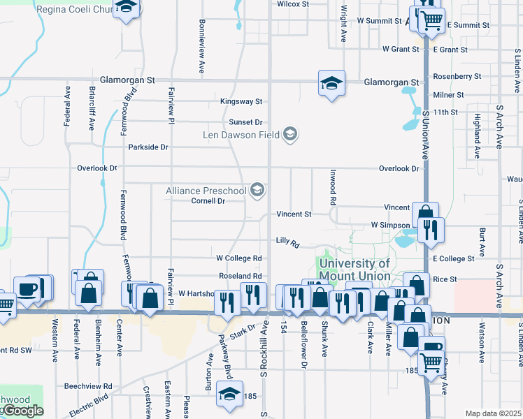 map of restaurants, bars, coffee shops, grocery stores, and more near 1490 Parkway Boulevard in Alliance