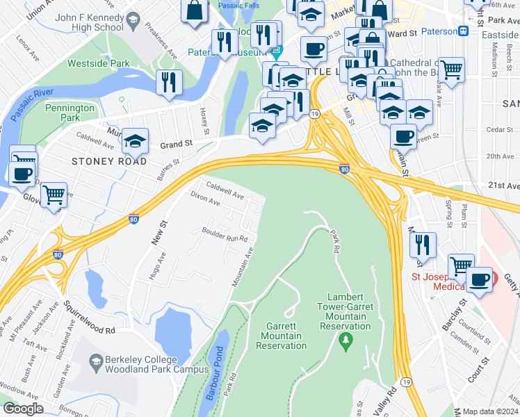 map of restaurants, bars, coffee shops, grocery stores, and more near 346 Caldwell Avenue in Paterson
