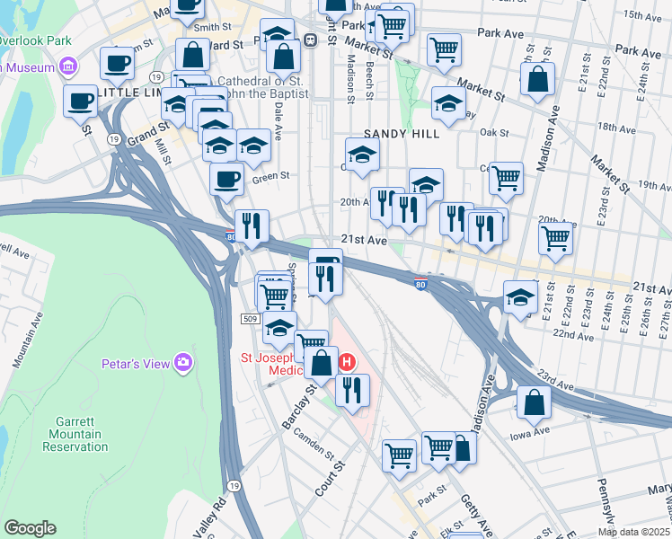 map of restaurants, bars, coffee shops, grocery stores, and more near in Paterson