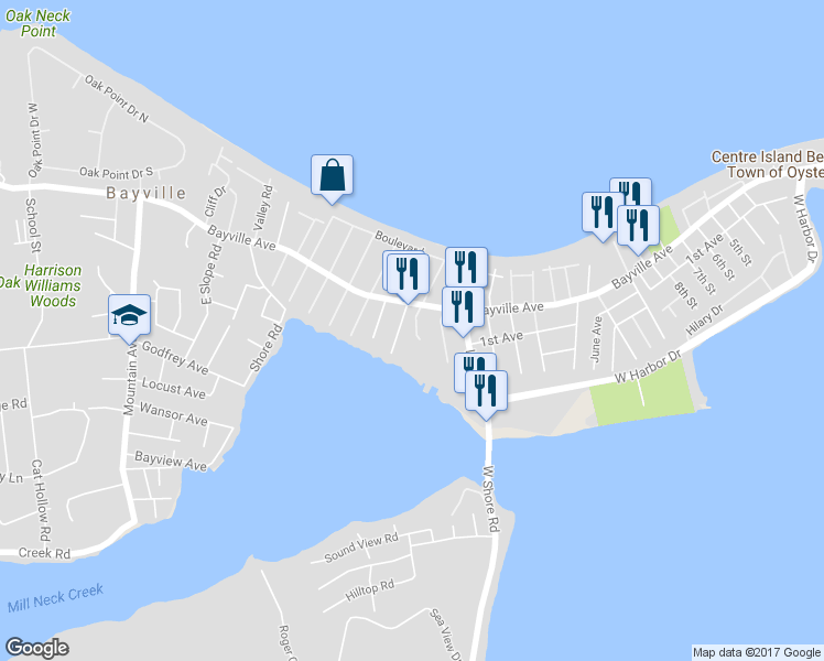 map of restaurants, bars, coffee shops, grocery stores, and more near 34 Quincy Avenue in Bayville