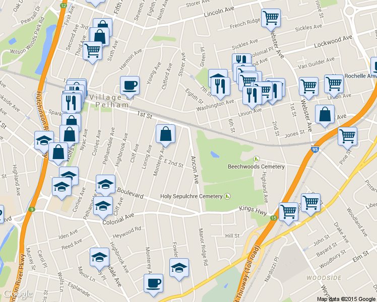map of restaurants, bars, coffee shops, grocery stores, and more near 133 Elderwood Avenue in Village of Pelham