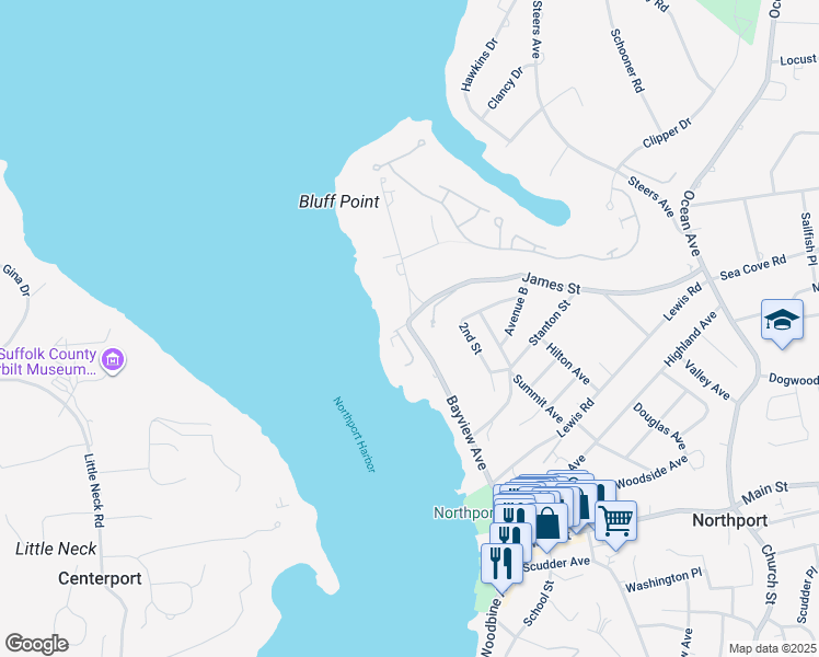 map of restaurants, bars, coffee shops, grocery stores, and more near 1 Fairwind Court in Northport
