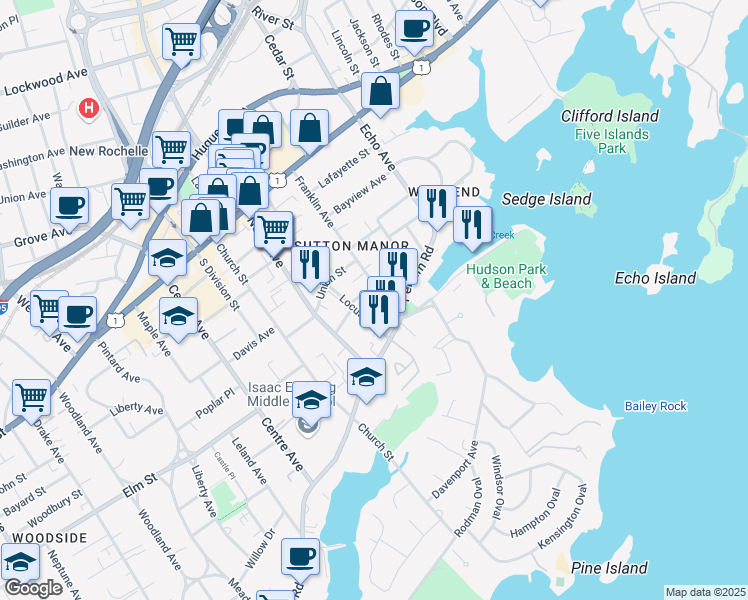 map of restaurants, bars, coffee shops, grocery stores, and more near 153 Franklin Avenue in New Rochelle