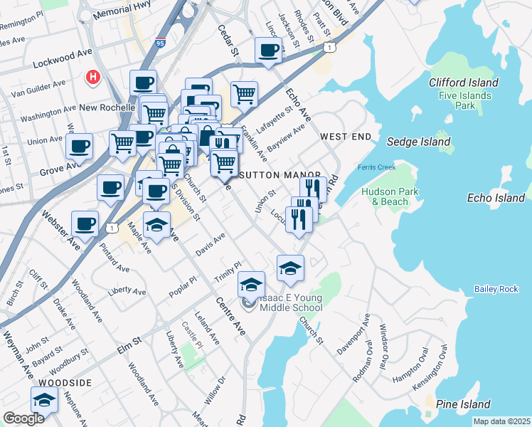 map of restaurants, bars, coffee shops, grocery stores, and more near 85 North Avenue in New Rochelle