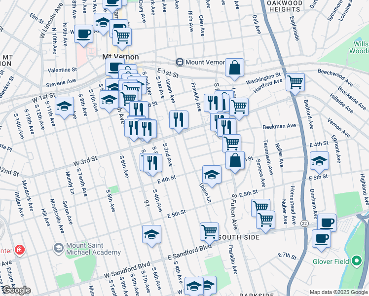 map of restaurants, bars, coffee shops, grocery stores, and more near 228 Union Avenue in Mount Vernon