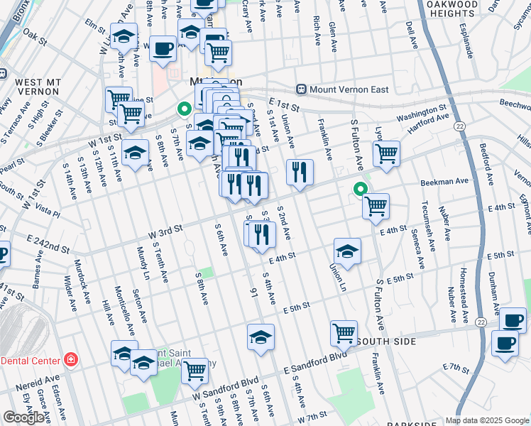 map of restaurants, bars, coffee shops, grocery stores, and more near 210 South 3rd Avenue in Mount Vernon